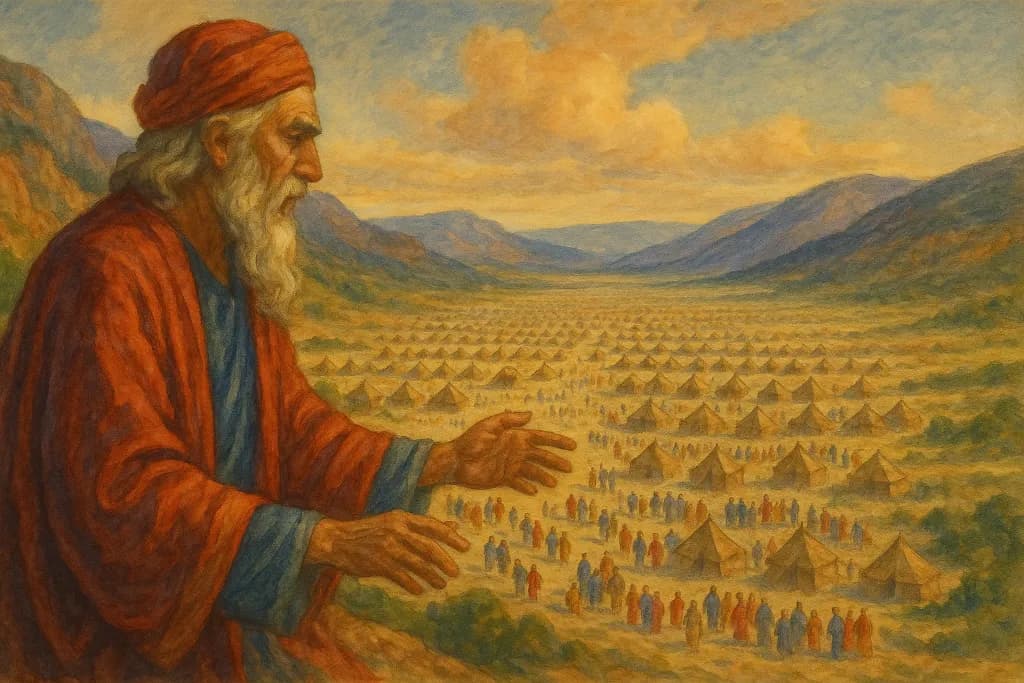 Image of Balaam overlooking an encampment of Israelites (AI Image: The Ancient Way)