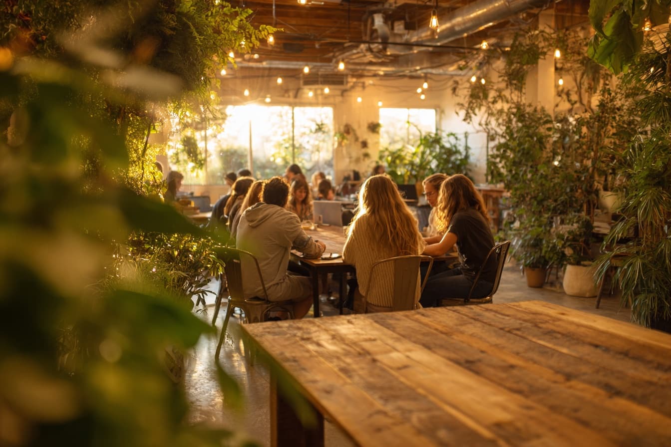 People working together around wooden tables in a sunlit room full of plants.