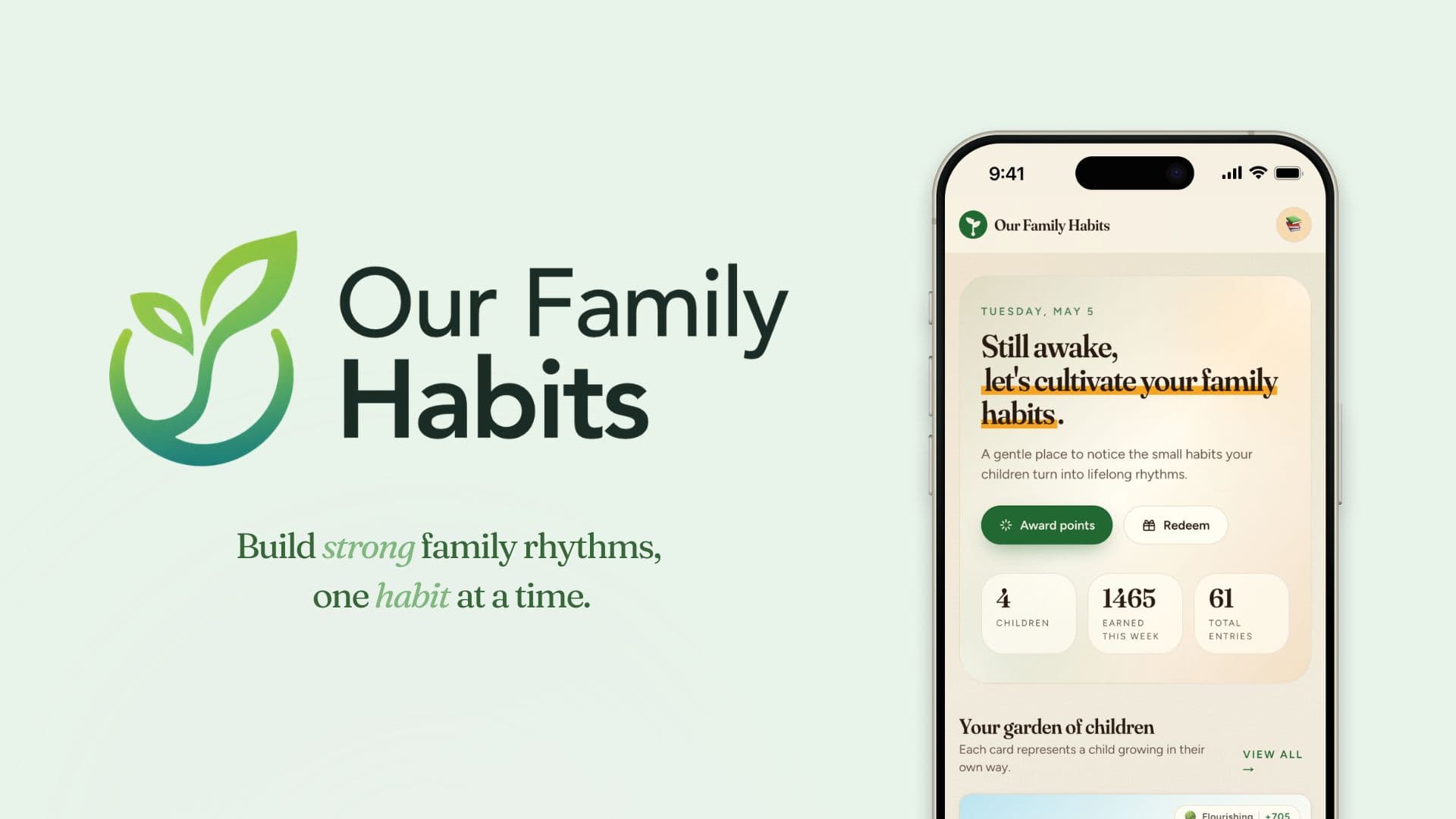 Our Family Habits logo beside the app on a phone: build strong family rhythms, one habit at a time.